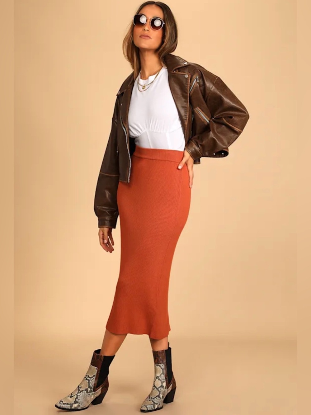 Lulus Seasonal Fave Rust Orange Ribbed Knit Midi Sweater Skirt XS